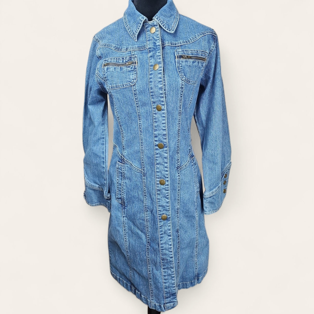 SUZANNE SOMERS | Country Western Stretch Blue Denim LongSnap‎ Front Dress | XS